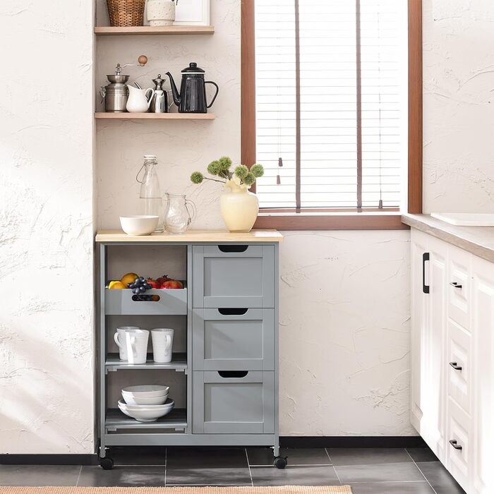 SoBuy Rolling Kitchen Cart with 2 Removable Shelves and 1 Tray - White/Light Grey