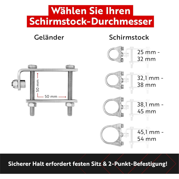 STORM-PROOF Umbrella Holder Balcony Railing Alfa 2-Piece Set made of Metal for Square Railings