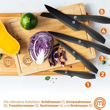MasterChef 5-Piece Knife Block Set - Stainless Steel Chef's, Santoku, Bread, Utility & Vegetable Knives with Soft-Touch Grips