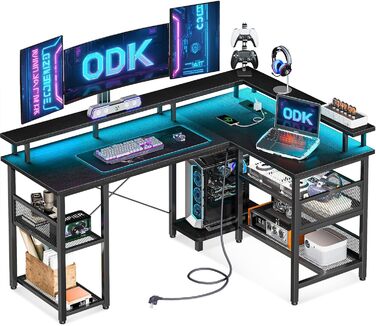 Ігровий стіл ODK з LED-підсвіткою, реверсивний, з 2 розетками та 2 USB-портами, кутовий, з сітчастою полицею, чорний, 150×102 см