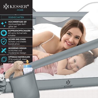 Захисний бортик для ліжка KESSER 180 см, складаний, для дітей, батьківське та дитяче ліжко, захист від падіння, висота 72–96 см, світло-сірий