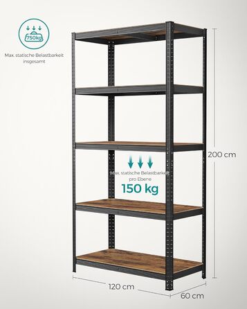 SONGMICS Industrial 5-Tier Shelf Unit - Vintage Brown & Black (60x120x200cm)