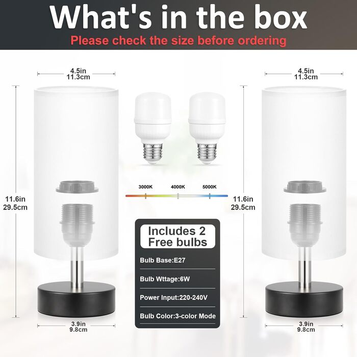 Kakanuo Настільна лампа з 3 колірними температурами, біла лампа з вимикачем, бавовняний абажур, маленька настільна лампа для вітальні, спальні, офісу, дитячої кімнати (LED лампа в комплекті), A-білий+чорний (A-білий+чорний-2 шт.)