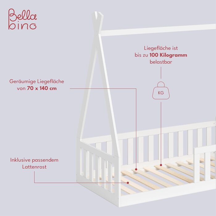 Bellabino Tajo Tipi Bed Base for Children 70x140 cm, House Bed made of Solid Pine Wood with Fall Protection/Fence and Slatted Frame in White for Children from 3 Years 70 x 140 cm White