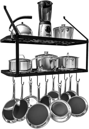 Warmiehomy Kitchen Wall Pot Rack, Wall Shelf Kitchen with 10 Hooks, 2-Layer Pot Pan Organizer, Hanging Spice Rack, Wall Mounted Kitchen Utensil Holder Kitchen Shelf (74.9x34.8x58.9 cm)