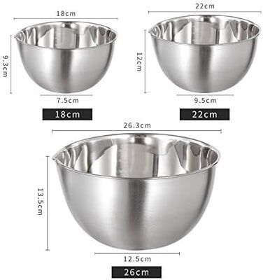 Набір місок для перемішування, 3 шт. з нержавіючої сталі, з носиком, для приготування та подачі, 1.5 л, 3 л, 5 л