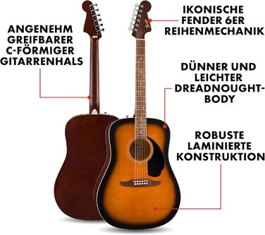 Акустична гітара Fender FA-25 Dreadnought з палісандровим гриф, 2-тонний Sunburst, Redondo California Debut