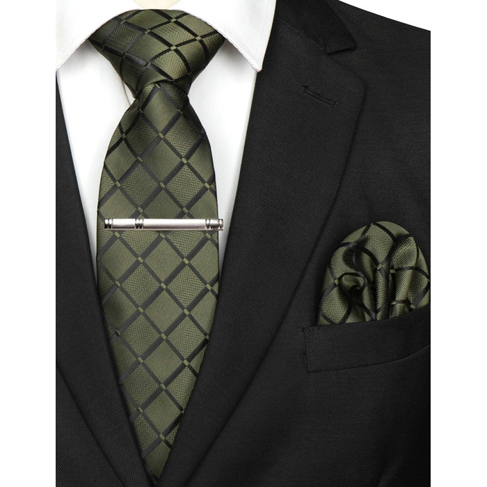 Чоловіча краватка та нагрудна хустинка JEMYGINS для весілля, в клітинку, темно-зелена (оливковий)
