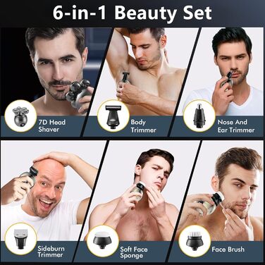 Електричний гострострумний апарат для гоління чоловічий 6-в-1 з LED дисплеєм, IPX6 водонепроникний, бездротовий, з індикатором заряду батареї