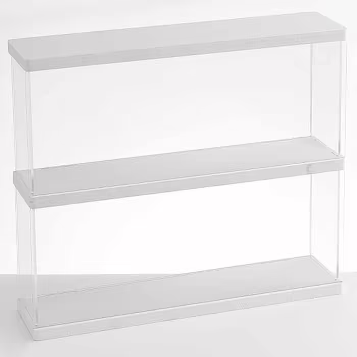 Joody Vitrine made of acrylic, Plexiglas boxes with 2 tiers, display case with door for Pop figures, minifigures, collectible toys, display storage organizer, dustproof with 2 shelves (Extended) – Original wood color (Two-layer, White)