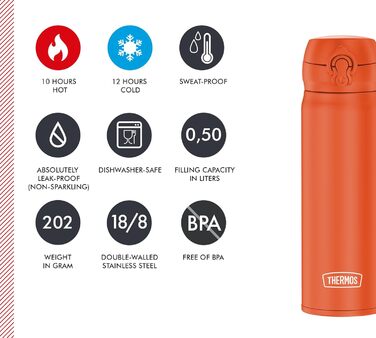 Термос Ultralight 0.5л, нержавіюча сталь, зберігає тепло 10 год / холод 20 год, абсолютно герметичний, для води, чаю, безалкогольних напоїв (Glowing Orange Mat)