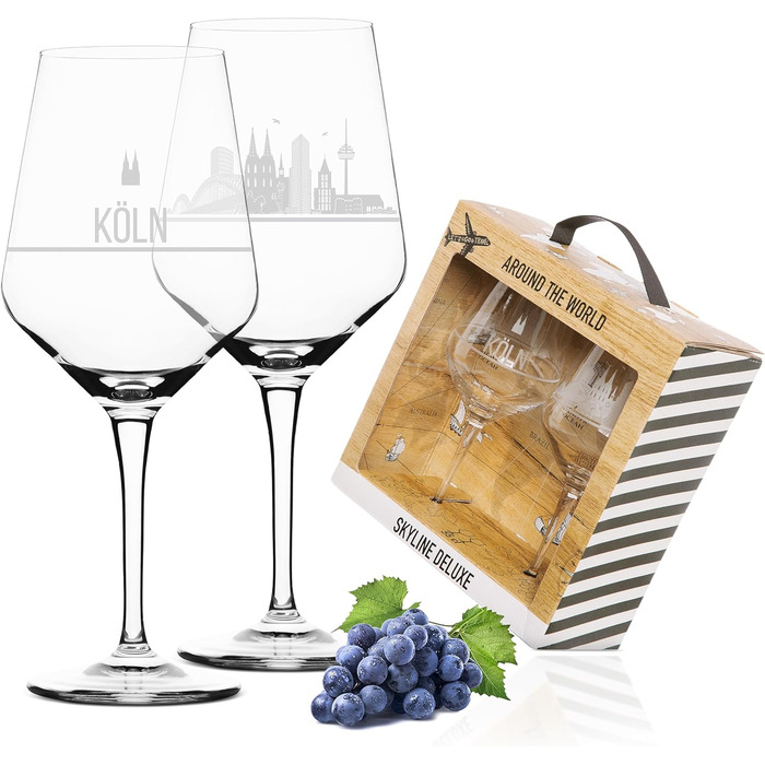 Set of 2 Cologne Wine Glasses | Gift in elegant packaging | Screen print, more detailed than engraving | Wine glass set usable as red wine glasses or white wine glasses | XL glasses as a souvenir.