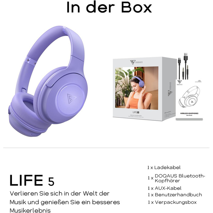 Бездротові навушники DOQAUS Bluetooth з довгим терміном служби (70 годин), Over-Ear, Bluetooth 5.4, з кабелем, 3 режими EQ, Hi-Fi стерео для подорожей/телефону/ПК (фіолетові)