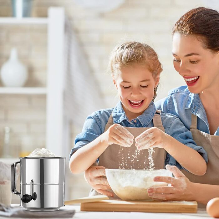 Flour Sifter - 5 Cup Fine Mesh Hand Crank Sifter Stainless Steel with Whisk Wire Loop for Baking, Powdered Sugar Dusting Set