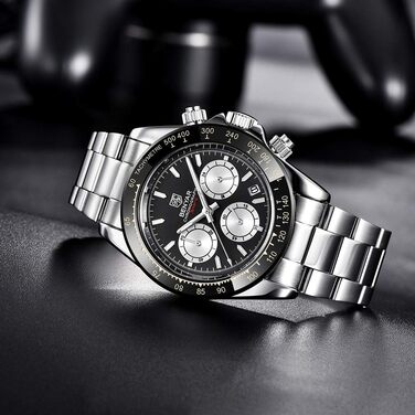 Чоловічий годинник BENYAR з кварцовим механізмом, аналоговий хронограф, бізнес-стиль, водонепроникний, з нержавіючої сталі, для відпочинку та спорту (чорний та білий)