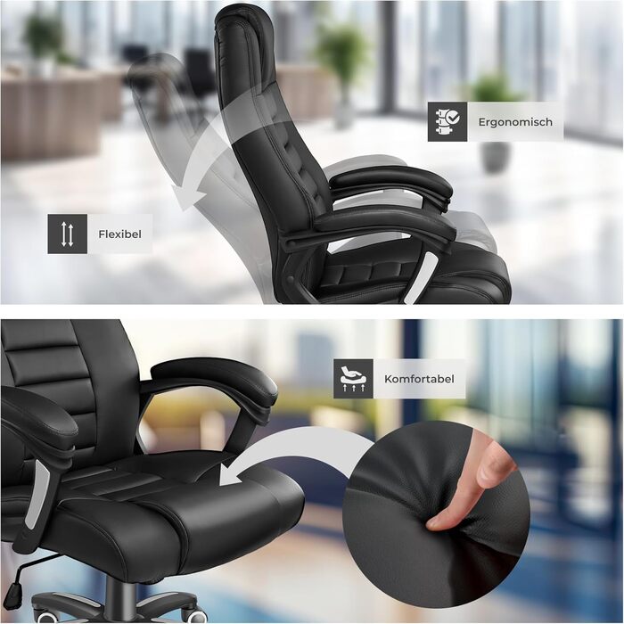 Офісний крісло Tectake, крісло для шефа, поворотне крісло на колесах, комп'ютерне крісло, регульоване по висоті, ергономічне крісло з екошкіри, з підлокітниками та функцією гойдання, 12 см підкладки - чорне