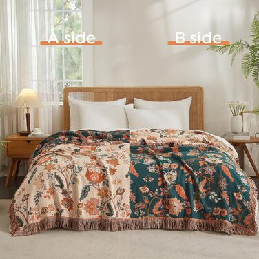 SE SOFTEXLY Boho плед з 100% бавовни – двосторонній мусліновий плед 150x200 см, м'який плед на диван та ковдра на ліжко, естетичний дизайн, ідеальний для вітальні та спальні, Orange/Grün Blütentraum (230 x 250 cm, Blütentraum)
