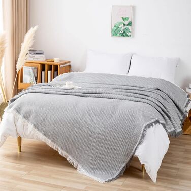 LHGOGO Waffle Throw Blanket 180x300cm Large 3-Seater Sofa Throw Versatile Living Room Blanket as Sofa Throw, Couch Cover, Sofa Cover, and Bedspread with Decorative Tassels - Light Grey