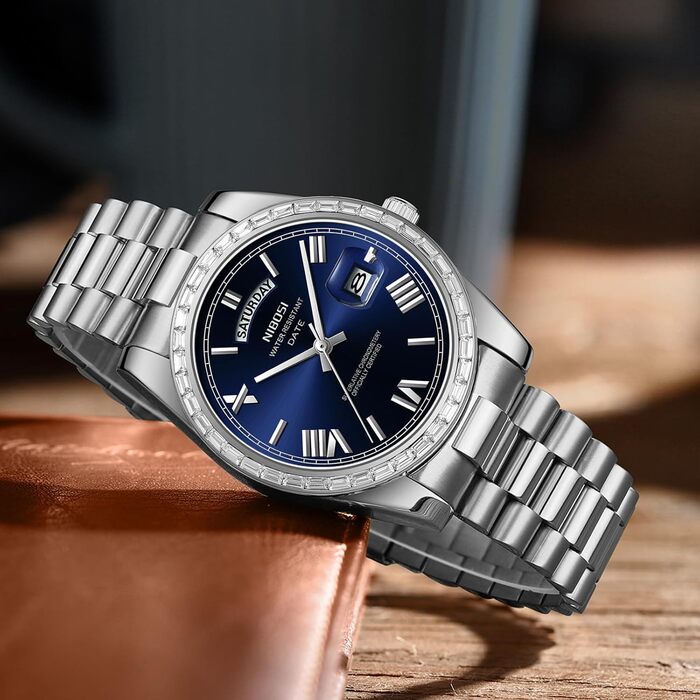 Годинник NIBOSI для чоловіків: аналоговий кварцовий годинник з діамантовою лускою, сталевий циферблат рожевого золота, водостійкий бізнес-класичний годинник з датою та днем тижня, срібно-блакитний колір