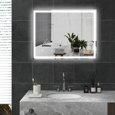Дзеркало для ванної кімнати HOMCOM з підсвіткою 90x70 см, LED, настінне з функцією пам'яті, 3 кольори світла, запобігає запотіванню, сенсорне управління, срібний