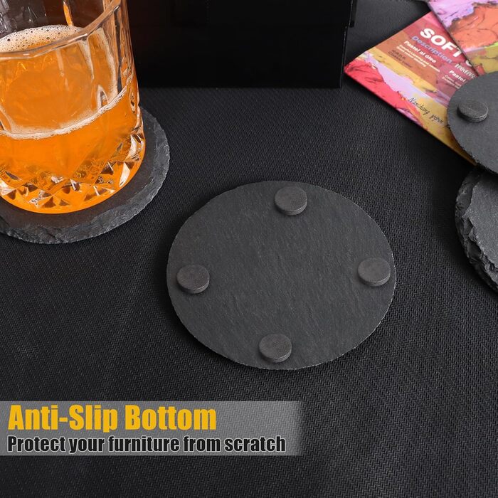 24-Piece Round Slate Coasters, VIBRATITE 10.2 cm, Black Slate Coasters with Scratch-Resistant Bottom for Drinks, Bar, Kitchen, Home Decor (60-Piece Round)