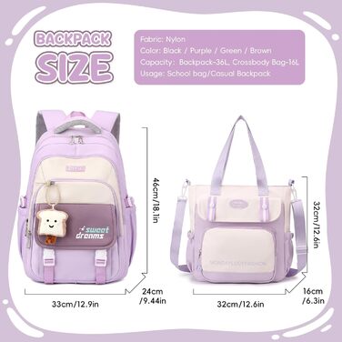 Набір шкільних рюкзаків для дівчаток: рюкзак та сумка через плече, 36л, 3-7 клас, фіолетовий