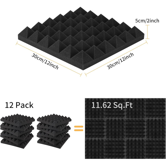 Акустичний поролон для шумоізоляції стін, панелі зі звукопоглинаючого пінопласту високої щільності для студії запису, офісу та танцювального залу, 30x30x5 см, 12 шт.