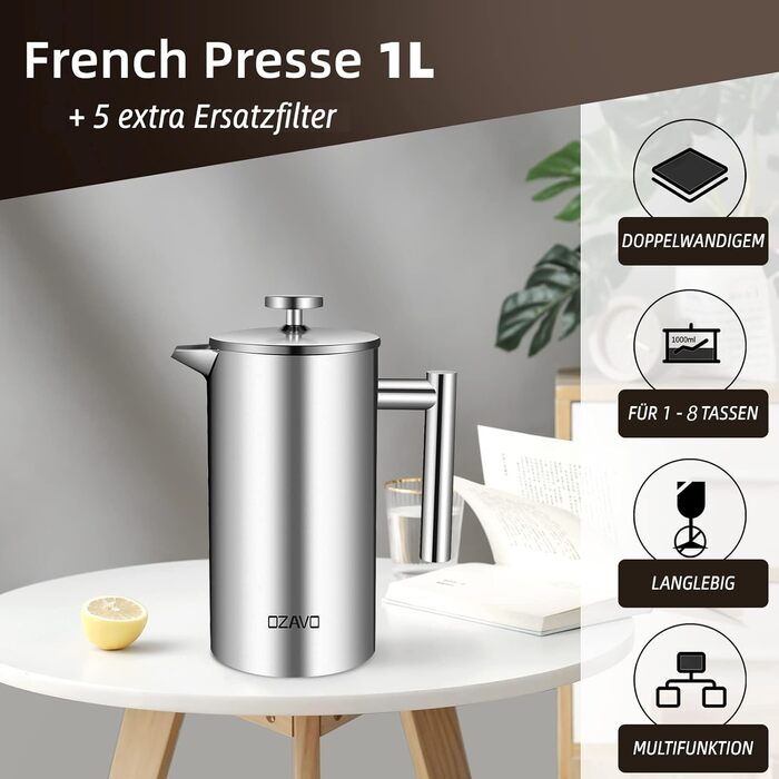 1L Coffee Maker French Press Stainless Steel Thermo with 5 Stainless Steel Filters Double-Walled Insulated System with Two-Layer Construction 1000ML