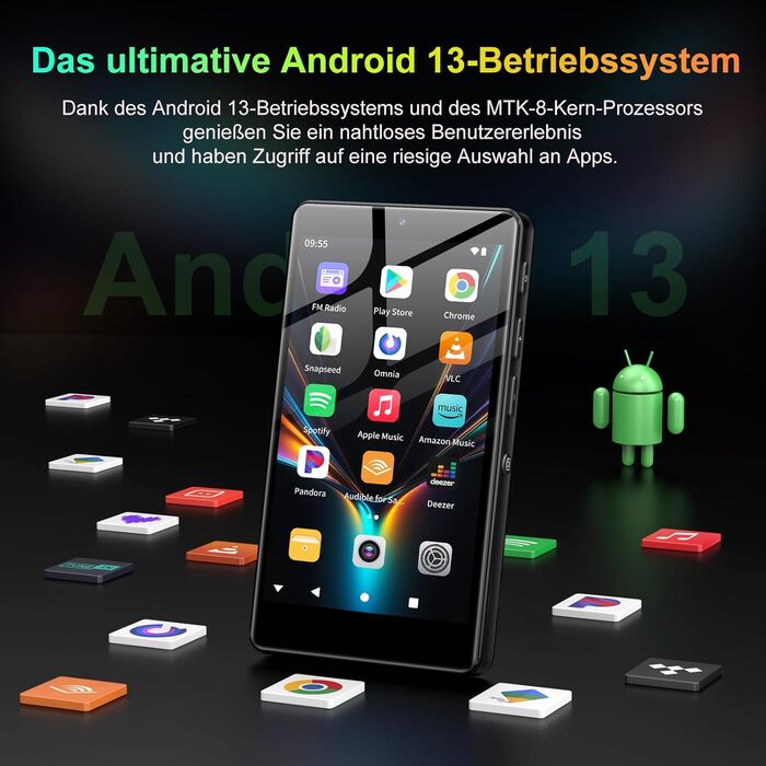 MP3 плеєр 96GB з Bluetooth, WiFi, Android 13, камерою та гучномовцем. Плеєр MP4 для Spotify, Kids, Audible, Amazon Music, Play Store - Чорний