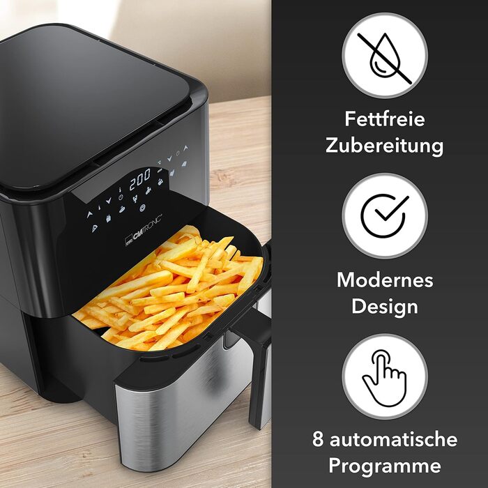 Clatronic® XXL Hot Air Fryer - 5L Fryer | Hot air for fat-free frying | Stainless steel air fryer with digital touchscreen | 360° Air-Flow | Hot air fryer with 8 programs | FR 3782 H