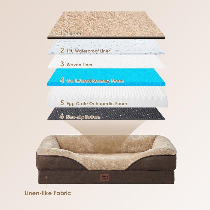 Ортопедичне ліжко для собак EHEYCIGA, 76x51x16.5 см, Memory Foam, миється, водонепроникне, з бортиками, антиковзаюче, коричневе
