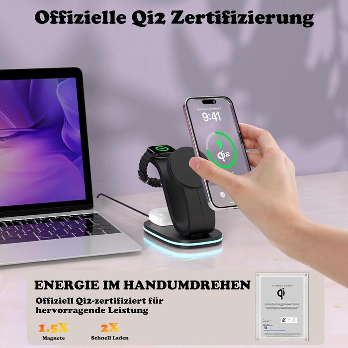 Зарядний станція Aimtel Schwanenhals 3-в-1 Qi2 MagSafe для Apple Watch, iPhone 17 Pro Max/17/16/15 та AirPods (30W, білий/чорний)