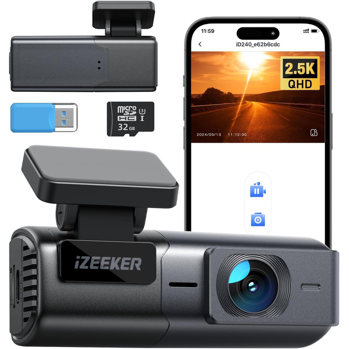 iZEEKER Dashcam 2.5K: Автомобільна камера з Wi-Fi, 1440P, 32GB, Нічне бачення, WDR, G-сенсор, Loop-запис, Паркувальний режим 24/7