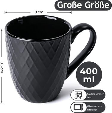MIAMI – 6 x 400 ml – Coffee Cup Set/Mugs – Modern Matte Ceramic Cup – Large Coffee Cup – Palmanova Collection (Black)