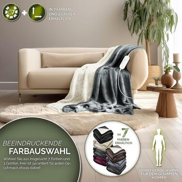 Електрична ковдра Sinnlein® з автовимкненням 160 x 120 см | 9 температурних режимів | Ковдра для ліжка та дивана | Таймер, цифрова панель керування (180x130 см, світло-сіра)