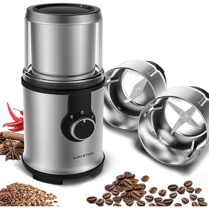 Electric Coffee Grinder, Spice Grinder with 2 Detachable Stainless Steel Bowls, with Splash Guard Cover and Brush, Coffee Bean Grinder with 110g Capacity, Dry and Wet for Corn Kernels, Herbs