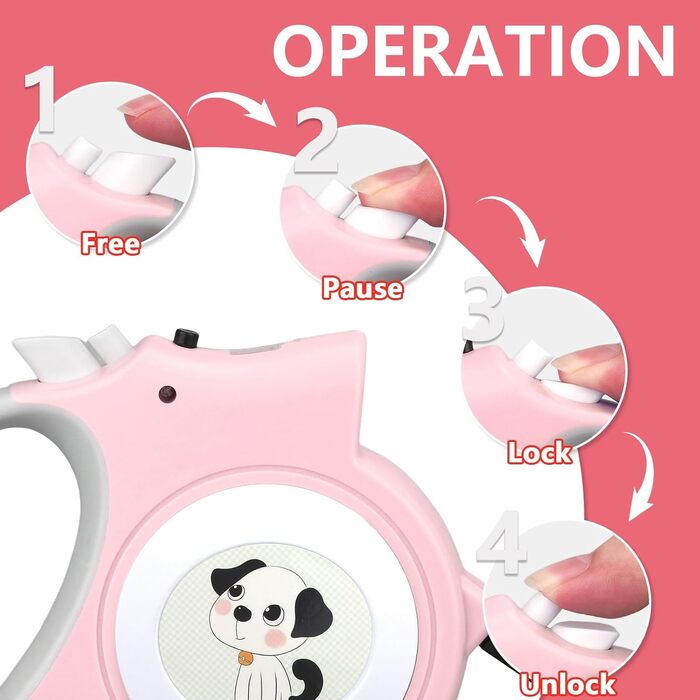 Висувна поводок для собак з LED-підсвіткою, 5 м, з мішками для собачого посліду, для собак маленьких та середніх порід до 25 кг, система гальма та блокування, ергономічна ручка, світло-рожевий колір