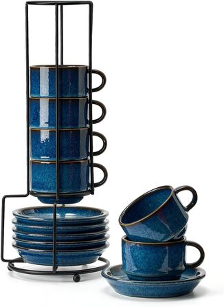 Набір чашок для еспресо HOME DECOR - 6 чашок з підставками, 140 мл, реактивна глазур, блакитний колір