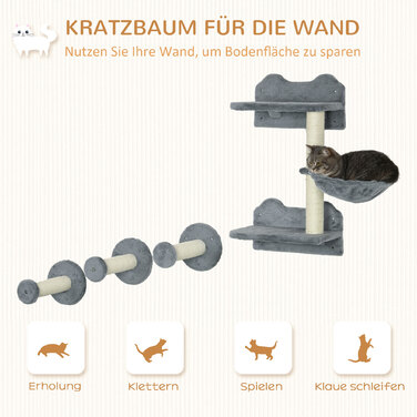 PawHut Cat Climbing Wall Set, Climbing Wall, Cat Ladder, 4-Piece Set, with Scratching Post, Hammock, Gray+Cream White, 40 x 28 x 73cm5 | Aosom