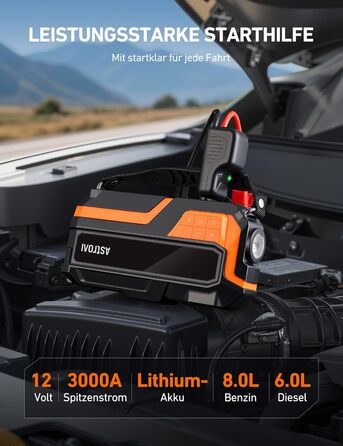 AstroAI MF16 6000A Powerbank для старту авто з компресором 150 PSI, 6000A, 12V, для бензинових/дизельних авто, мотоциклів, SUV, з LED-дисплеєм, помаранчевий