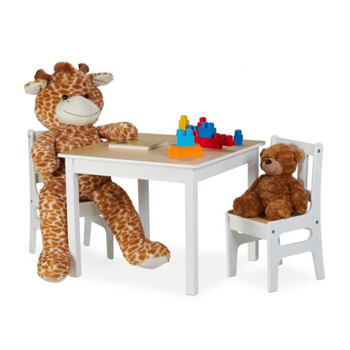 Relaxdays Children's Table with 2 Chairs, White/Natural