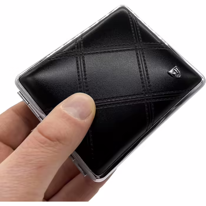 V.H. 1912 VOM HOFE MANUFACTORY Cigarette Case Genuine Leather, Handmade in Germany, Embossed with High-Gloss Nickel Frame, 85mm, ideal for 18 cigarettes - Case, Cigarette Box