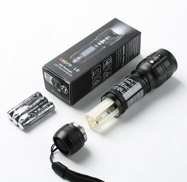 LED ліхтарик LE1000 - компактний, яскравий, з функцією зуму. Водонепроникний ліхтарик для дітей, кемпінгу, туризму та надзвичайних ситуацій. Чорний, 1 шт.