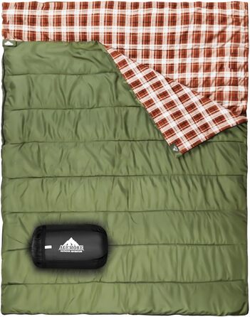 Cotton Flannel Double Sleeping Bag for Camping, Hiking - Queen Size 2 Person Waterproof Sleeping Bag for Adults & Teens - Lightweight (Green/Brown)