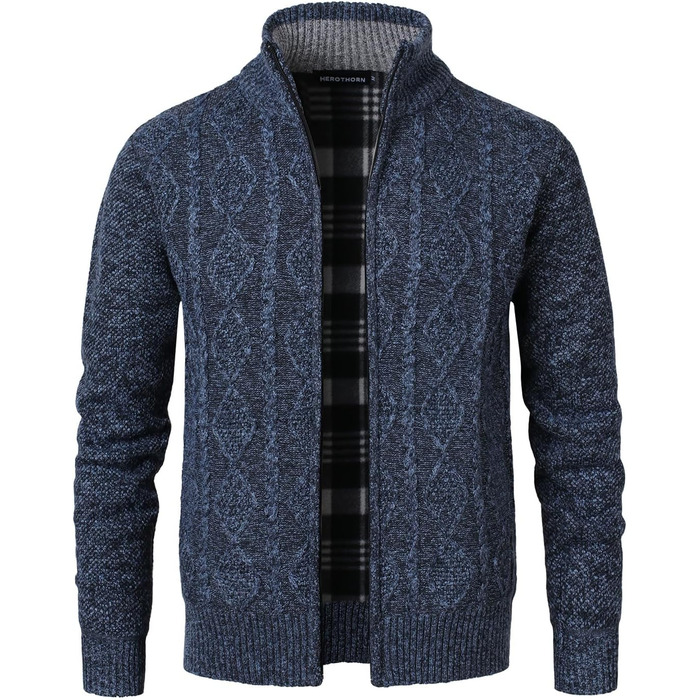 Чоловіча в'язана кофта-кардиган з коміром-стійкою та скрученим візерунком. Тепла флісова куртка з блискавкою для чоловіків (XL, сірий & блакитний)