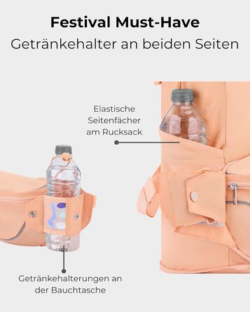 Джонні Ербан Баухташе Дамен & Herren Peach - Jimmy - 2в1 Поясна Сумка з Рюкзаком - Складаний Рюкзак для Фестивалю - Мультифункціональна та Водовідштовхувальна