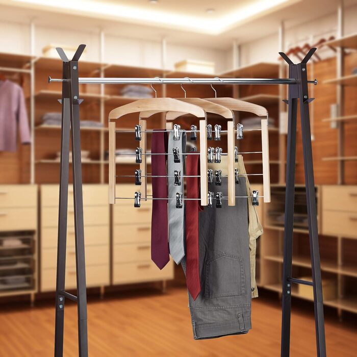 Relaxdays Wooden Trouser Hangers, 3-Piece Set, 360° Swivel Hook, Non-Slip Clothes Hangers, HBT: 45.5x39x2.5 cm, Natural, Pack of 3