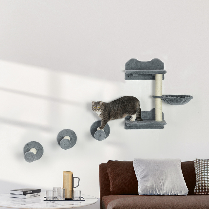 PawHut Cat Climbing Wall Set, Climbing Wall, Cat Ladder, 4-Piece Set, with Scratching Post, Hammock, Gray+Cream White, 40 x 28 x 73cm5 | Aosom