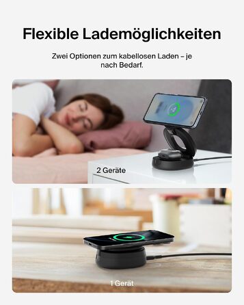 Бездротова зарядна станція 2-в-1 Belkin BoostCharge Qi2 15W MagSafe для iPhone 17, AirPods, Pixel, з блоком живлення 30W, чорна