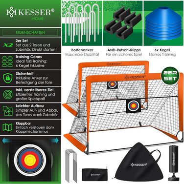Дитячі футбольні ворота KESSER Pop-Up, складні, 2 шт. з фібровими стрижнями та якісною сіткою для кімнати, вулиці й саду, з сумкою для транспортування, 6 фішками, насосом і мішенню, помаранчеві